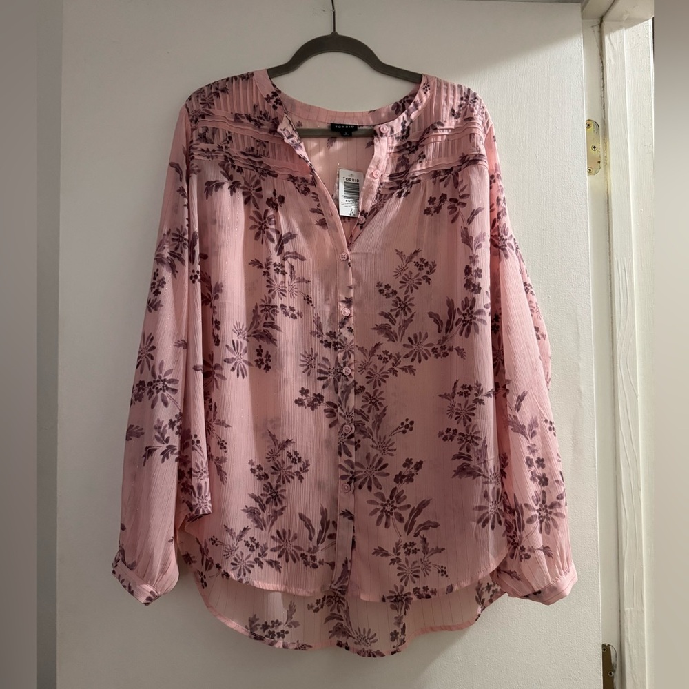 Torrid Pink Floral Crinkle Chiffon Blouse